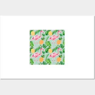 Tropical trendy seamless pattern with pink flamingos, pineapples and palm leaves Posters and Art